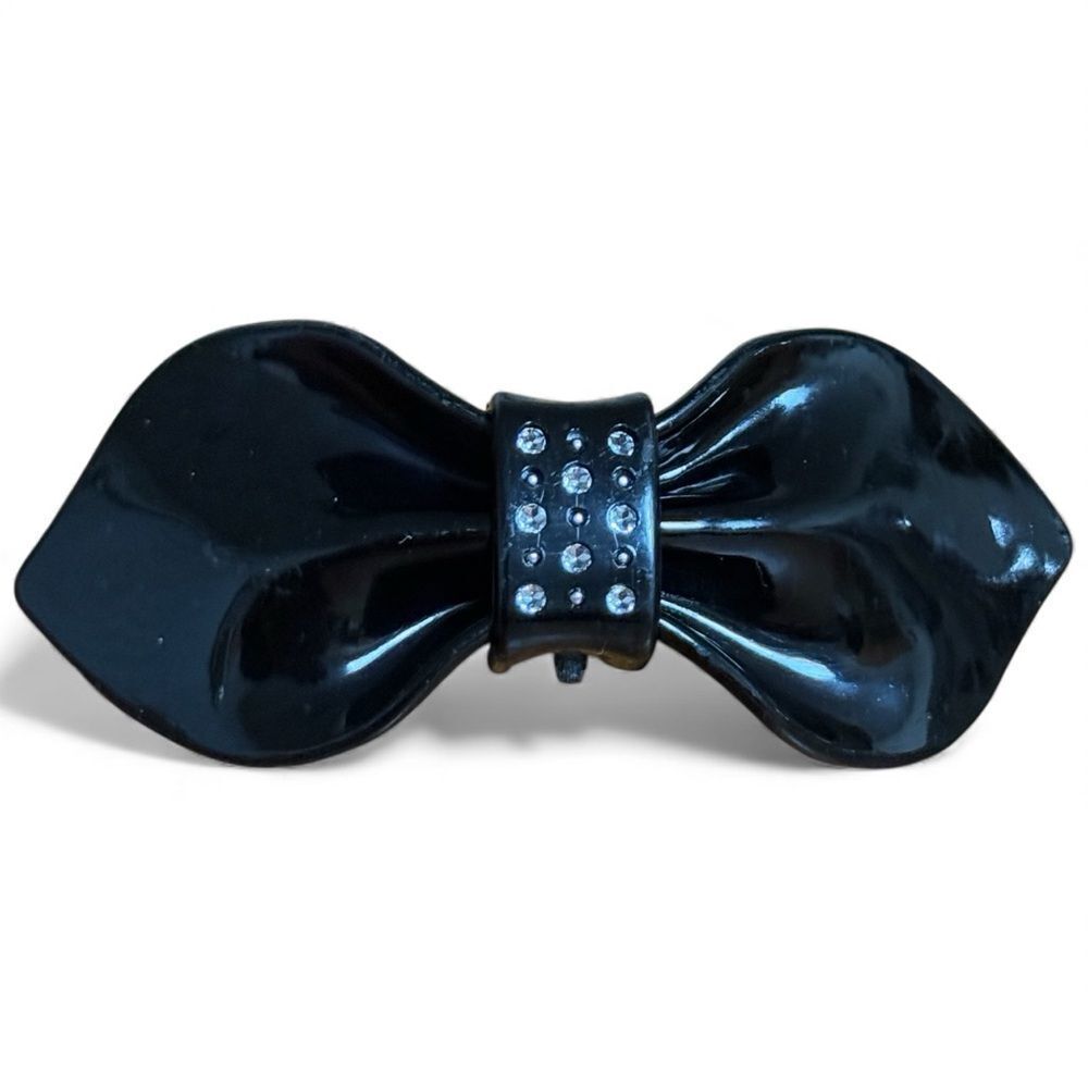 Y2K Black Bow Shaped Hair Barrette Clip With Crystal Rhinestone In The Center